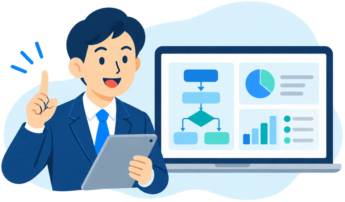 なぜなぜ分析を解説する講師とパソコンのイラスト