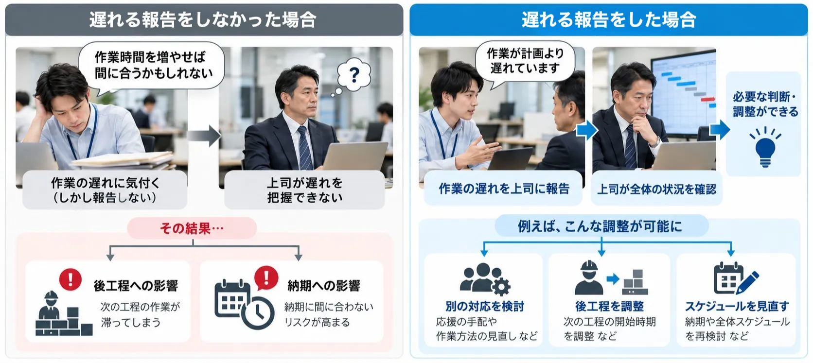 報告の遅れによる判断・調整の遅れ